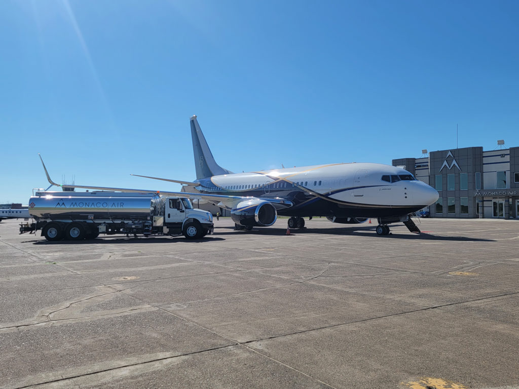 Monaco Air fuel truck refuels airplane